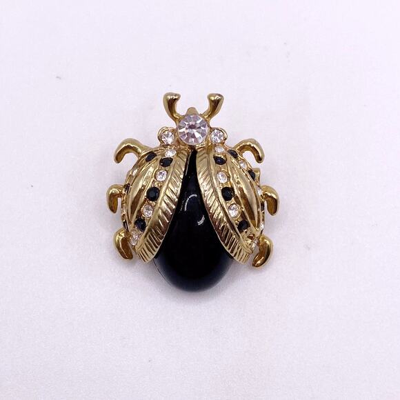 Vintage Lady Bug Brooch Pin Black and Gold Tone - Picture 1 of 6